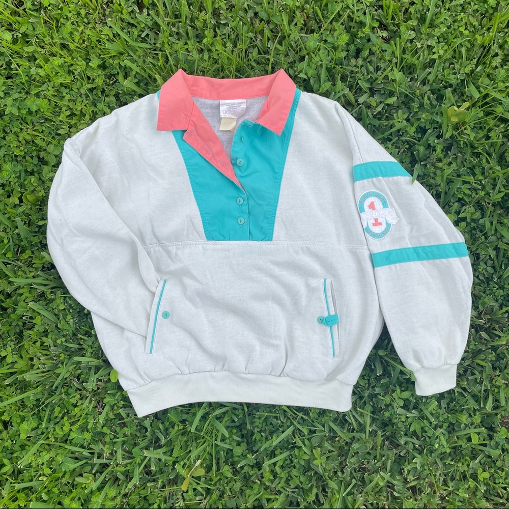 Vintage Adidas White Windbreaker blue and pink detailing